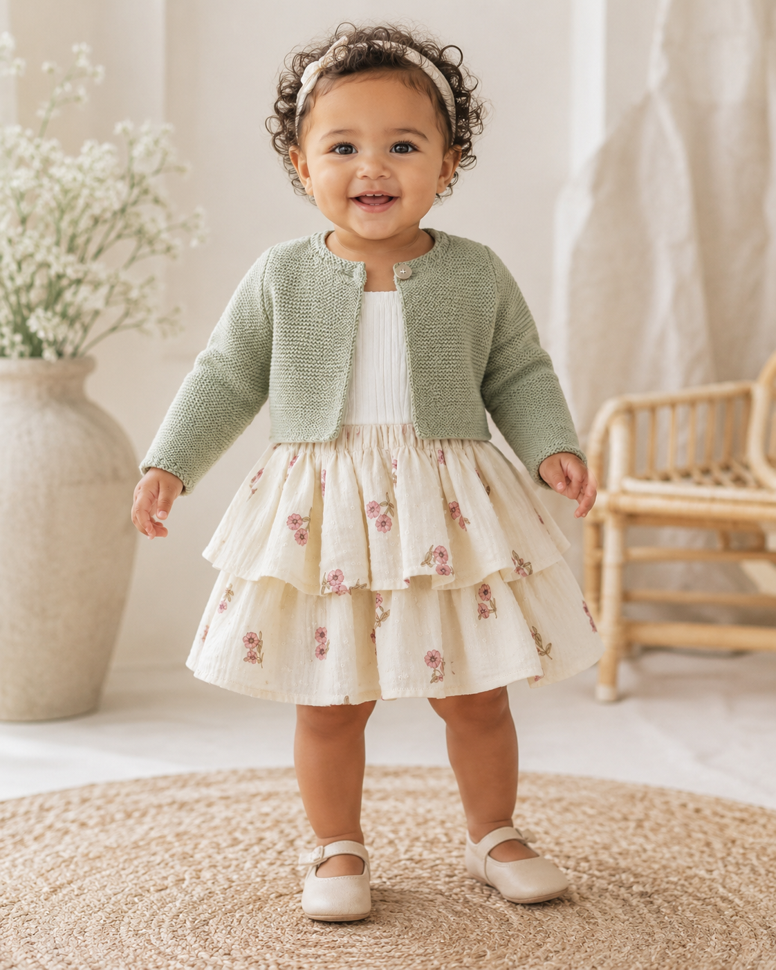 Floral Skirt Set with Knit Cardigan