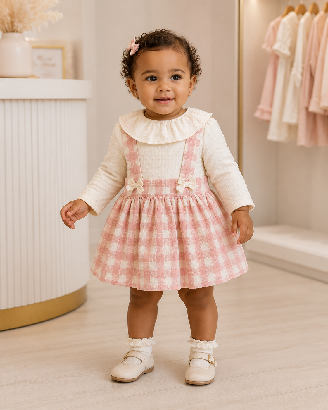 Pink Plaid Dress Set with Matching Bows