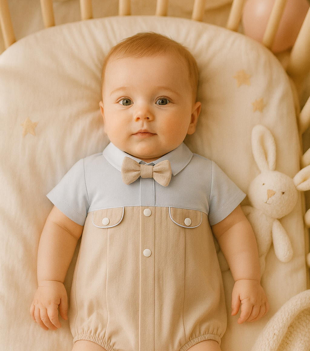 Baby Boy Beige & Sky-Blue Bow Tie Romper