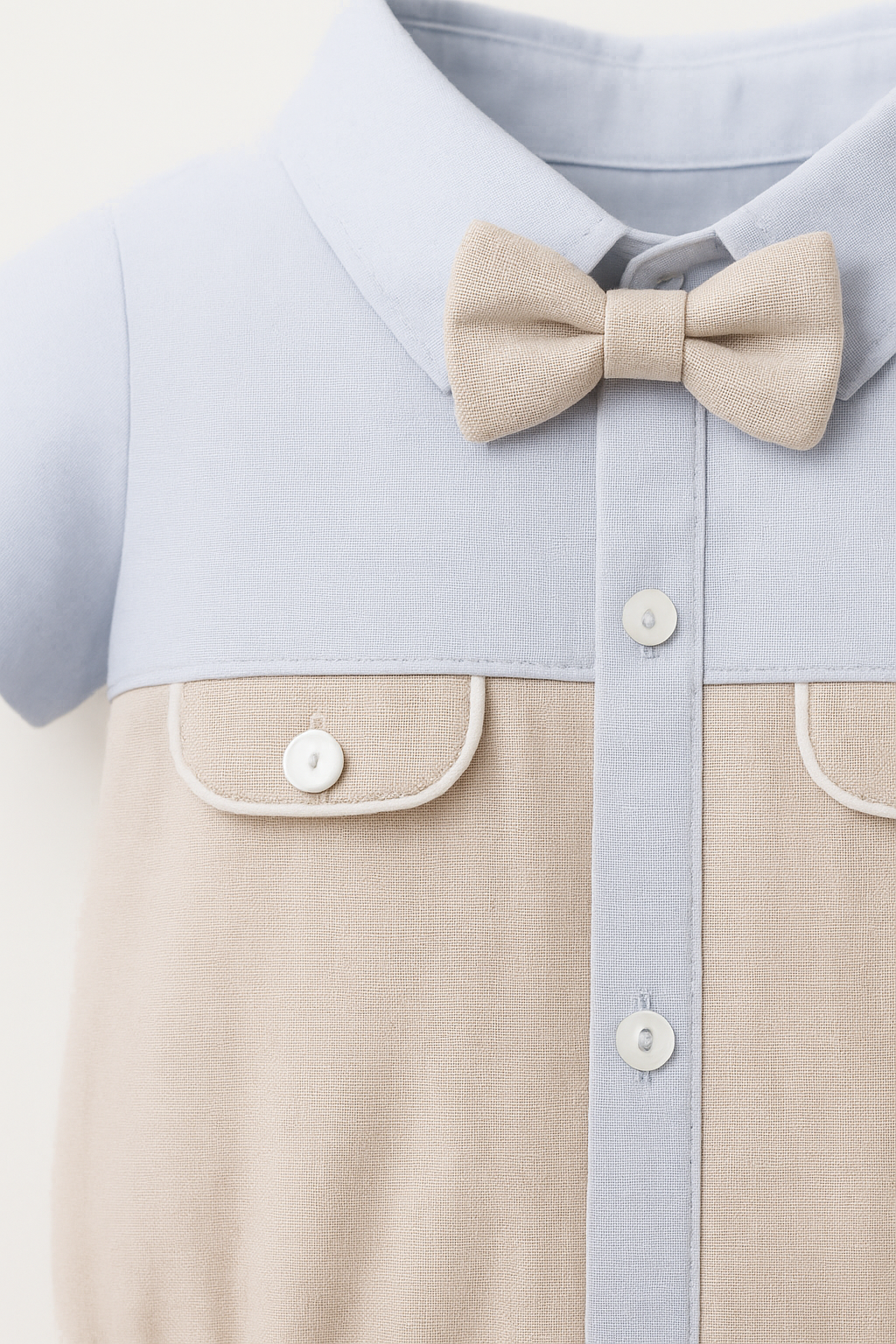Baby Boy Beige & Sky-Blue Bow Tie Romper