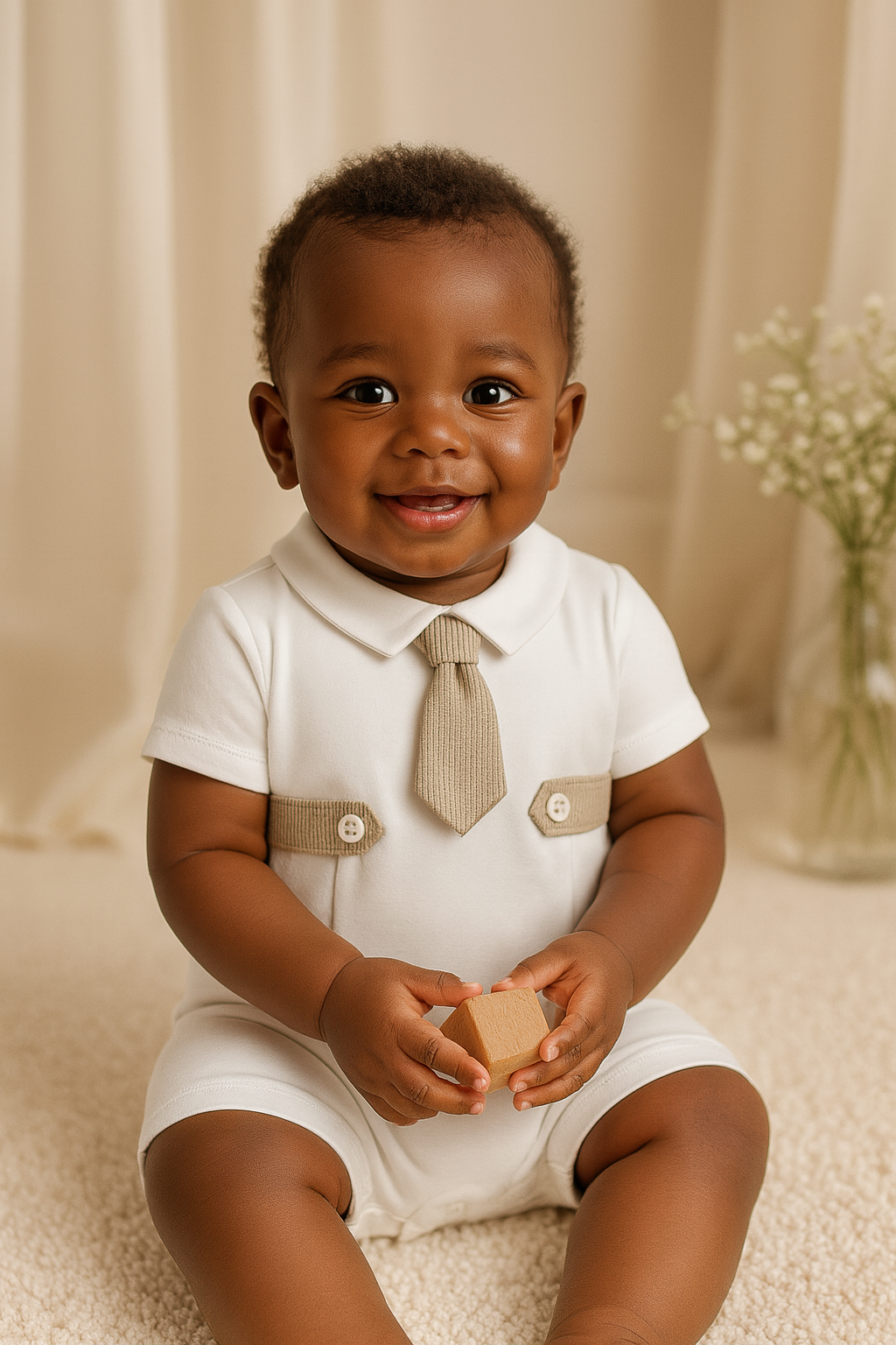 Baby Boy White Cotton Romper