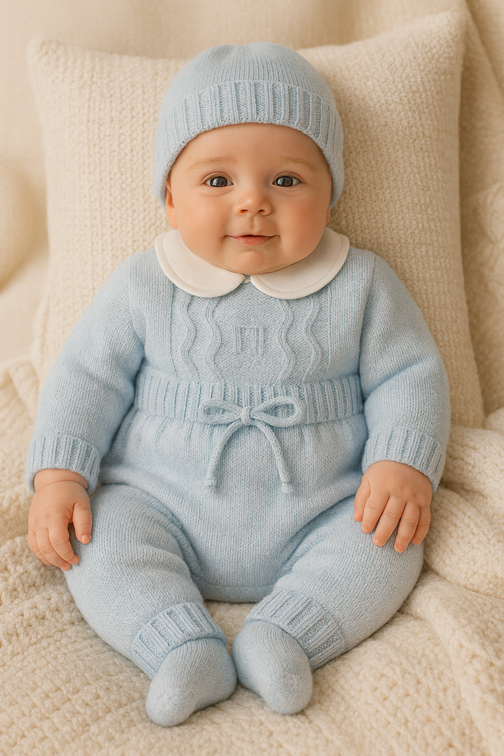 Classic Knitted Baby Romper with Beanie