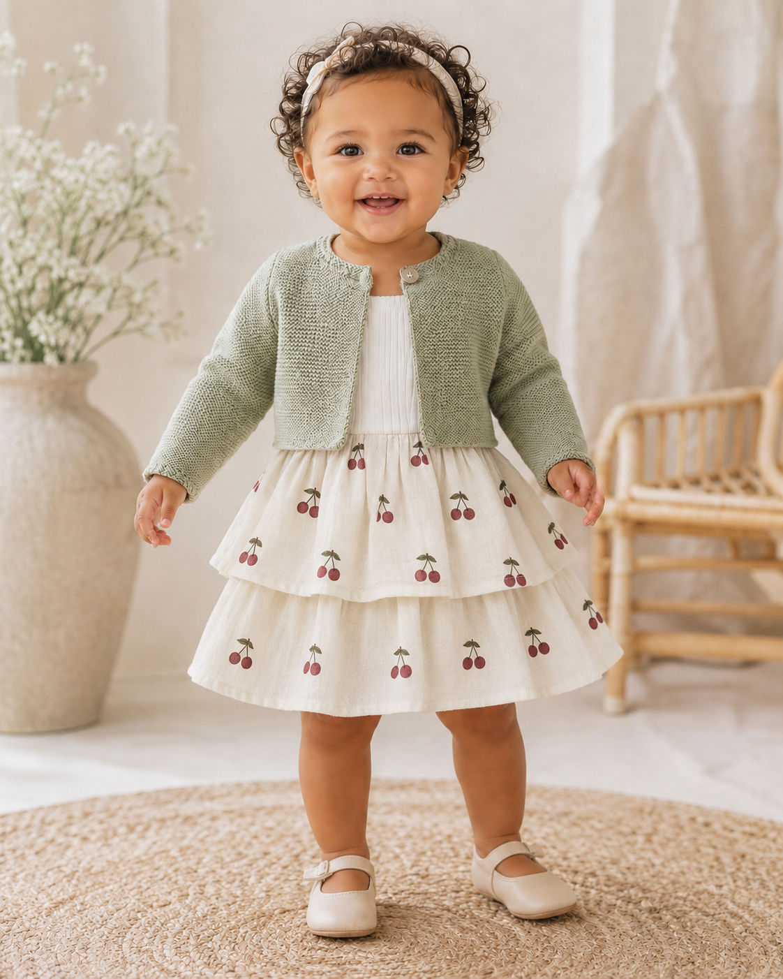 Cherry Skirt Set with Knit Cardigan