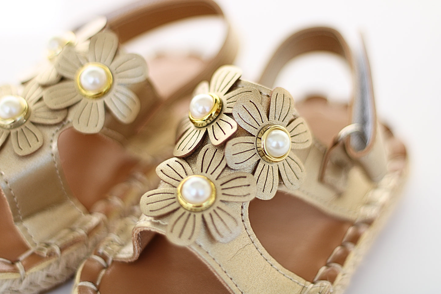 Golden Floral Sandals with Pearl Accents