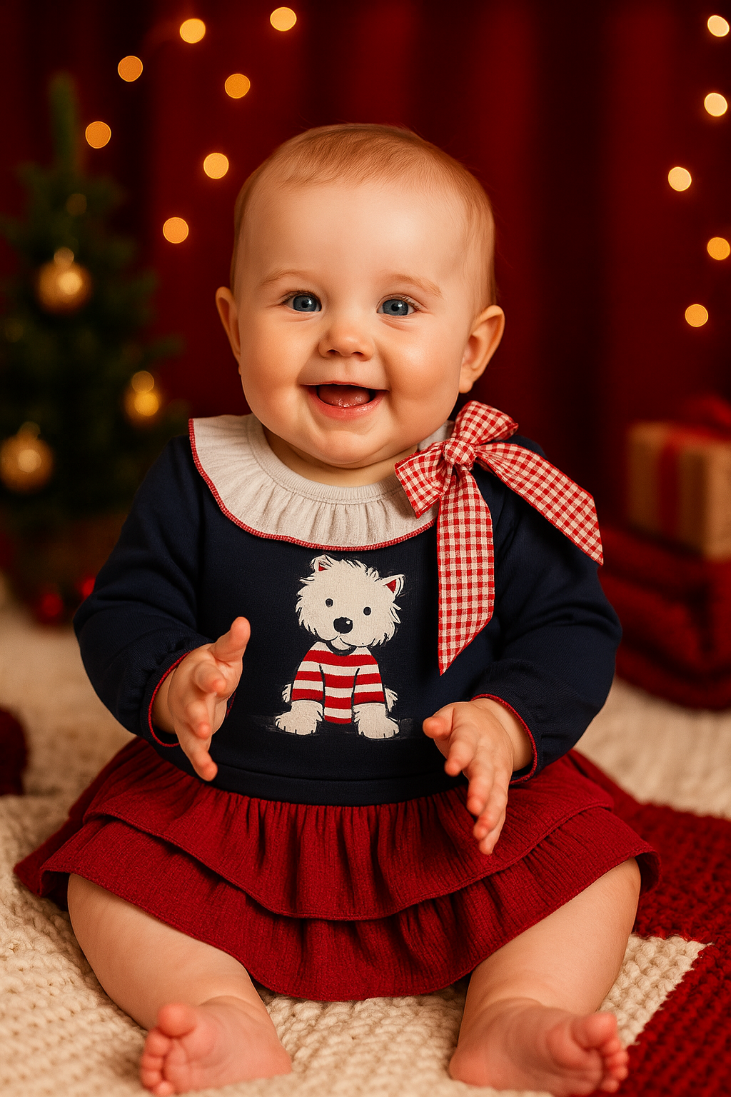Vestido Festivo con Perrito y Moño en Azul Marino y Rojo