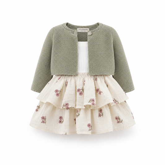 Floral Skirt Set with Knit Cardigan
