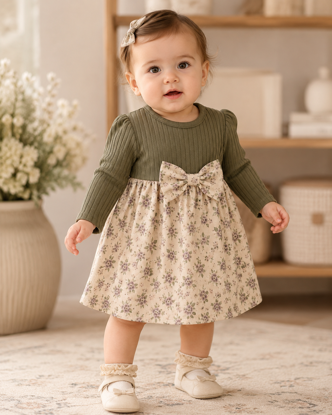 Olive Blossom Bow Dress