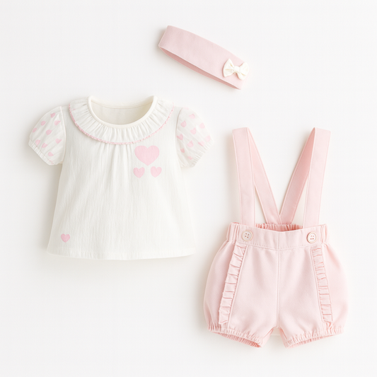 Baby Girl Soft Pastel Pink set with Suspender Shorts