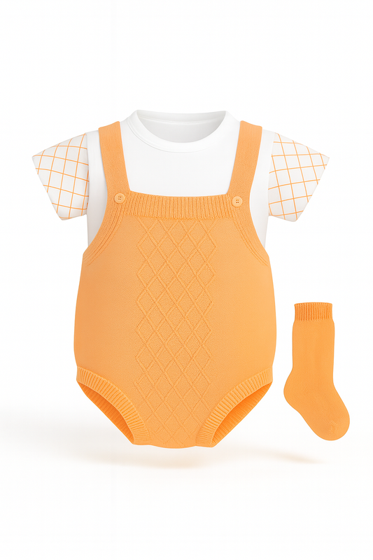 Baby Girl Soft Peach Knit Suspender Romper Set