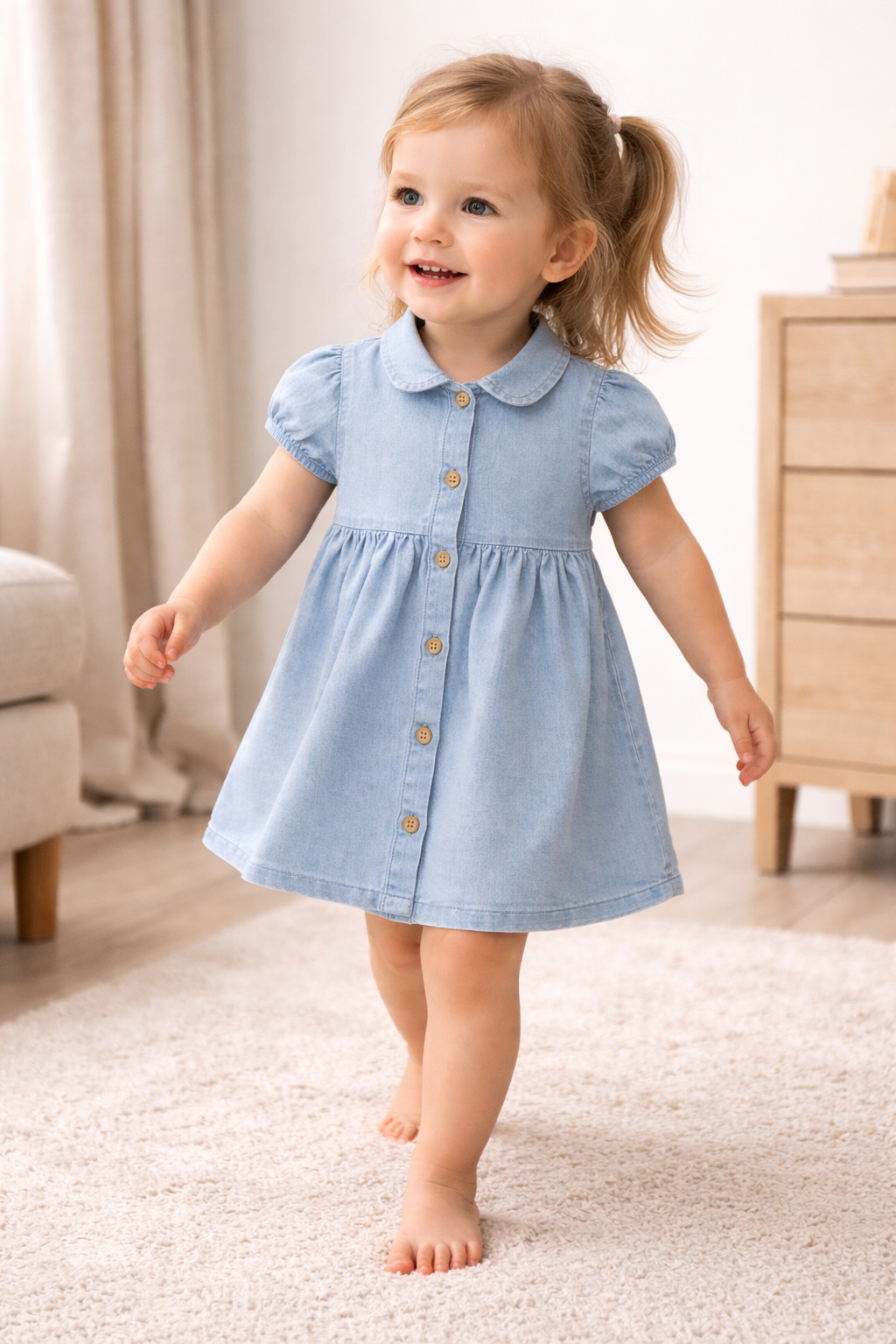 Classic Sky Blue Button Dress