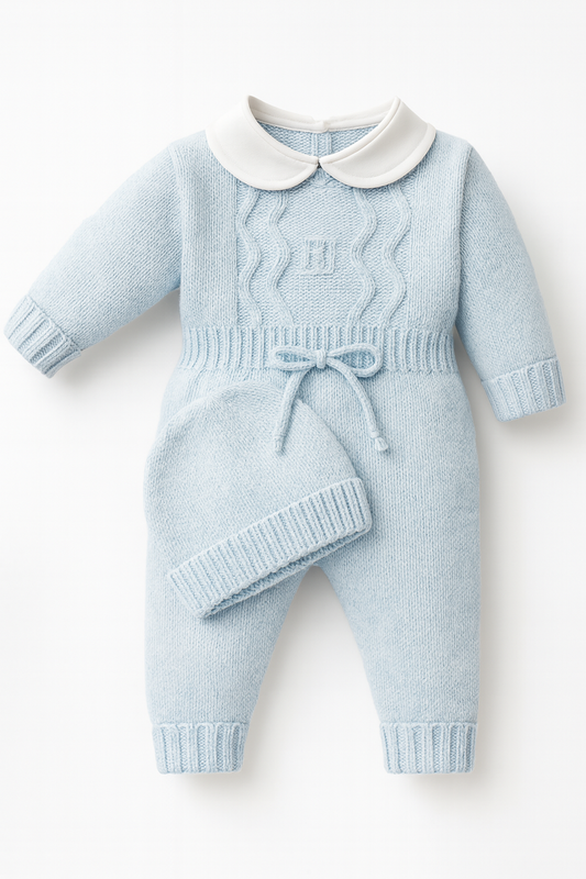 Classic Knitted Baby Romper with  Beanie