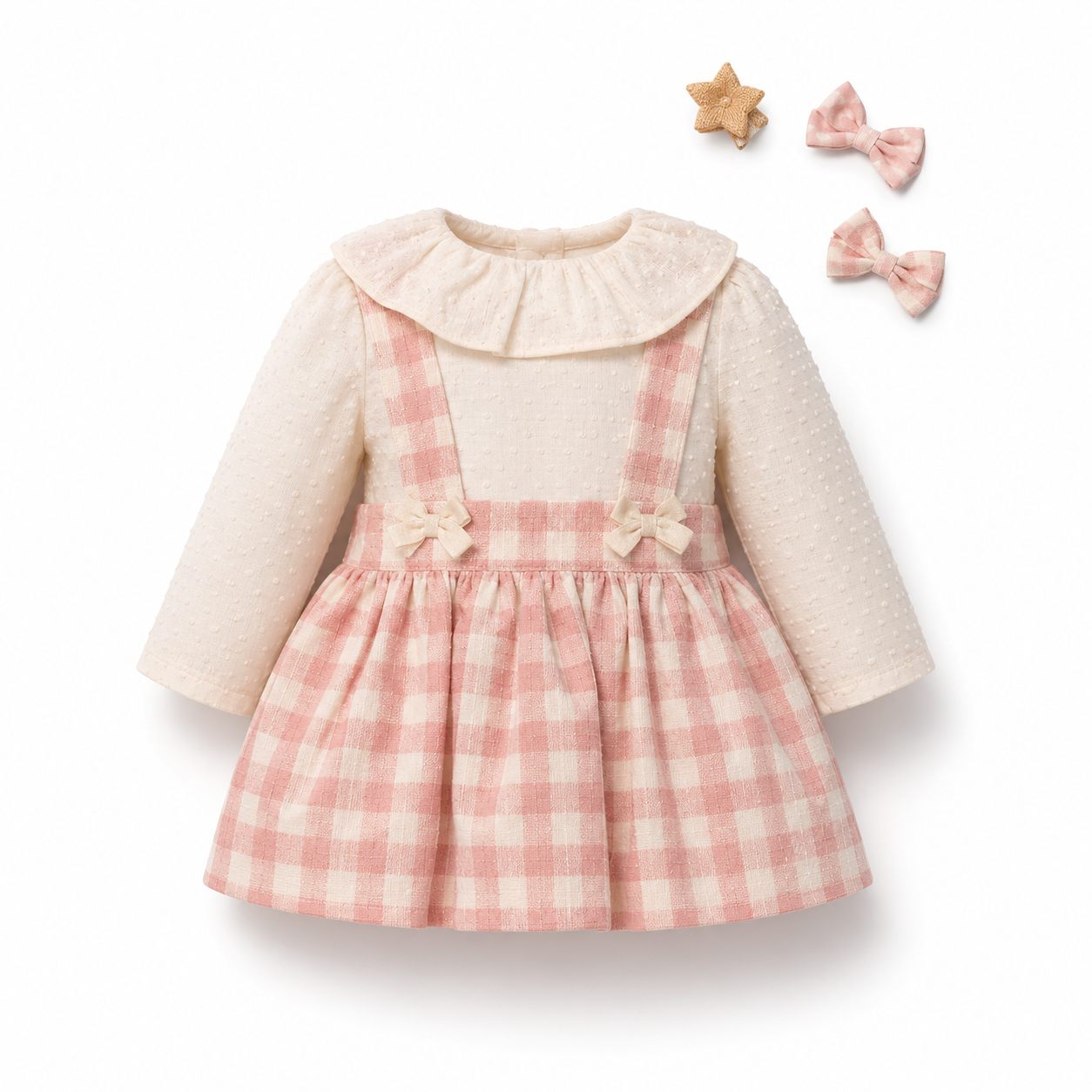 Pink Plaid Dress Set with Matching Bows