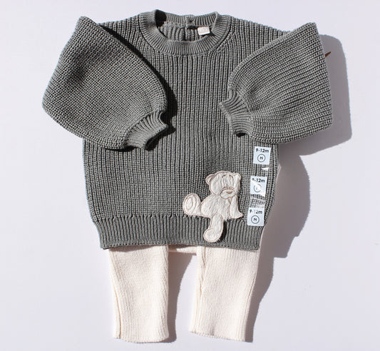 Two- Tone Knit Set with Teddy Bear