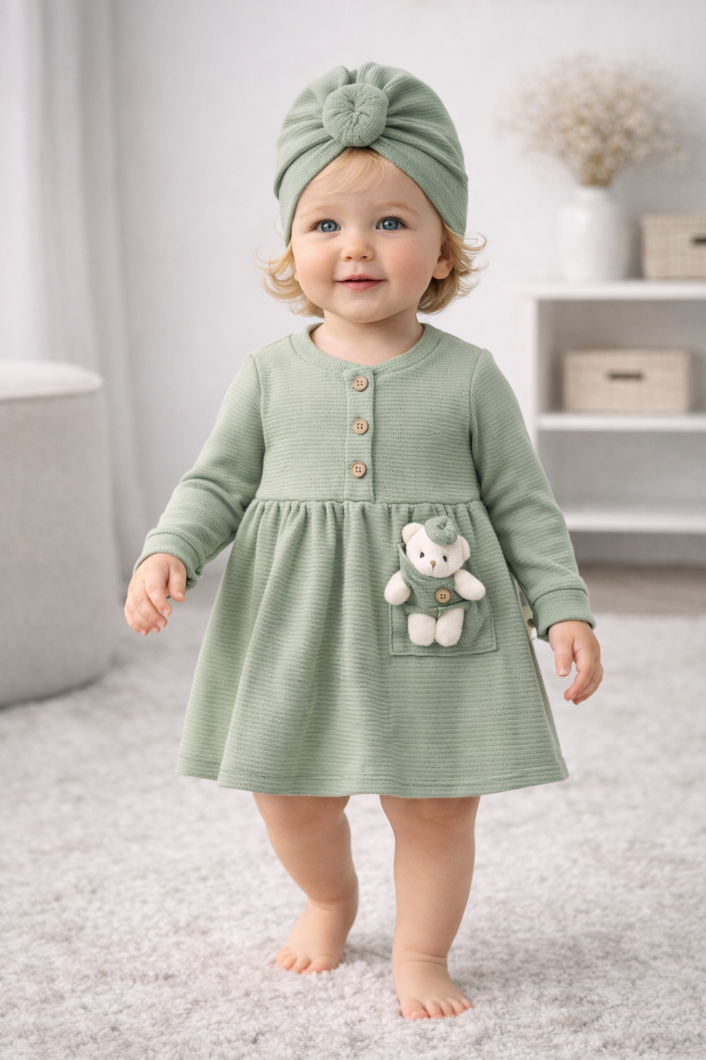 Sweet Teddy Sage Dress Set
